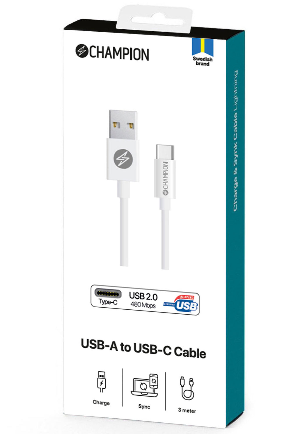 Kabel USB-A till USB-C 3m vit